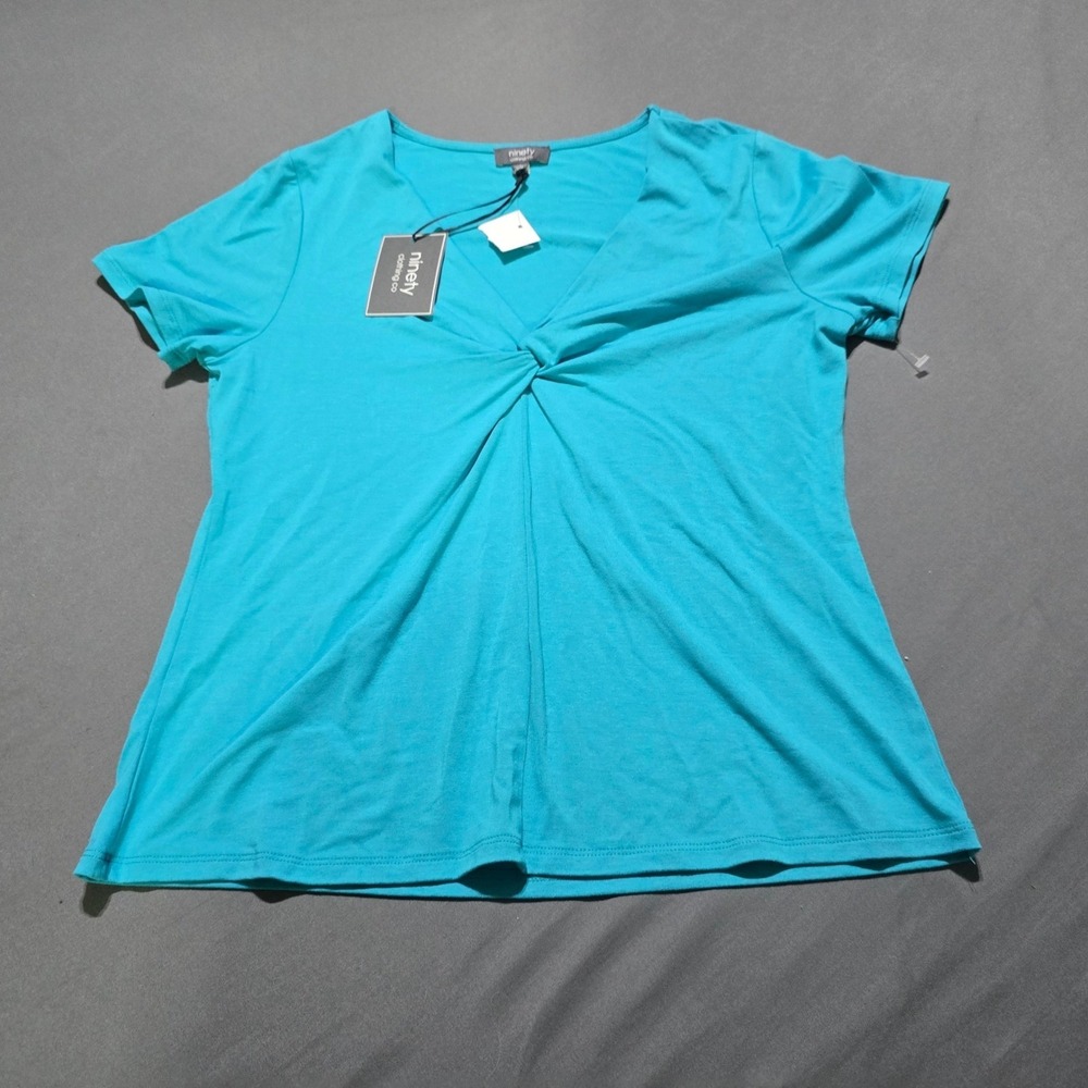 new Ninety Clothing Co V-Neck Top Women Small Turquoise Twist Front Short Sleeve